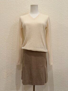100% Cashmere V-Neck Pullover Sweater S Ivory Cream Ribbed